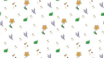 Seamless cartoon butterfly, leaves, object and flower pattern background. Cute illustration. Print ready background for fabric, paper and any use. Hand drawn illustration. vector