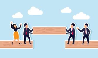 Build a business bridge teamwork and collaboration for mutual success, concept of Businesspeople work together, building a bridge to connect the way vector