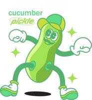 psychedelic groovy pickle mascot striking a boxer's pose. The pickle exudes a masculine persona with a proud mustache and a champion's hat.Perfect for branding, marketing, or print and sticker vector