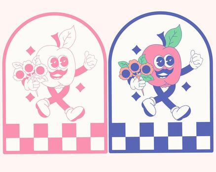 groovy psychedelic illustration of a peach holding a flower for a date,checkerboard frame adds of style,design can be used for a variety of purposes, including stickers,mascot logos,and woven clothing vector