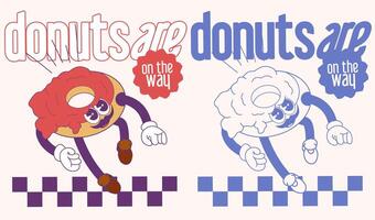 retro cartoon illustration of a groovy fast food donut mascot posing as a skateboarder with the slogan Your ordered donuts are being delivered vector