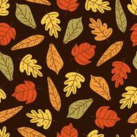 Autumn leaves, seamless pattern. Fallen foliage of forest trees - oak, ash, chestnut. Wild colorful plants on a dark background. Hand drawn botanical ornament for autumn mood, Thanksgiving Day vector