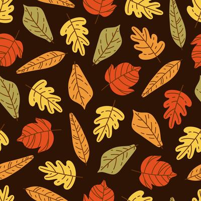 Autumn leaves, seamless pattern. Fallen foliage of forest trees - oak, ash, chestnut. Wild colorful plants on a dark background. Hand drawn botanical ornament for autumn mood, Thanksgiving Day