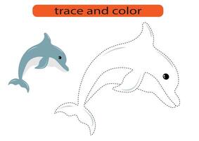 Trace and color cute dolphin and whale. Handwriting practice for kids. Tracing and coloring for preschoolers. vector