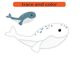 Trace and color cute dolphin and whale. Handwriting practice for kids. Tracing and coloring for preschoolers. vector