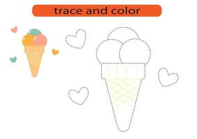 Trace and color sweet ice cream. Handwriting practice for kids. Tracing and coloring for preschoolers. vector