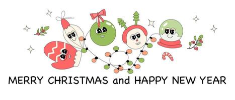 y2k new year banner with groovy characters santa. Christmas groovy vector
