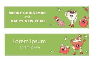 y2k new year banner with groovy characters santa. Christmas groovy vector