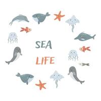 Childrens sea animal background with words. Nautical elements card vector