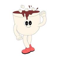 Christmas and Happy New Year groovy drink hot cocoa character isolated. vector