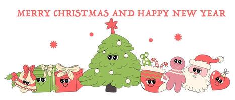 y2k new year banner with groovy characters santa. Christmas groovy vector