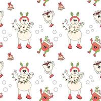 Happy new year pattern with y2k elements. Groovy characters background vector