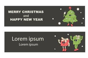 y2k new year banner with groovy characters santa. Christmas groovy vector