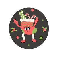 Christmas groovy banner with cartoon characters. Xmas square background. vector