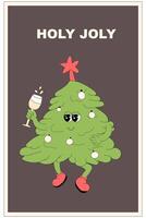 Vertical xmas banner with groovy character. Christmas groovy character with y2k elements poster vector