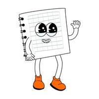 Childrens school supply - cartoon notebook in retro groovy style. vector