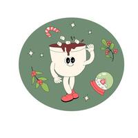 Christmas groovy banner with cartoon characters. Xmas square background. vector
