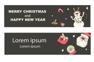 y2k new year banner with groovy characters santa. Christmas groovy vector