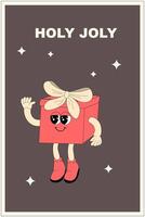 Vertical xmas banner with groovy character. Christmas groovy character with y2k elements poster vector