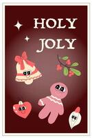 Vertical xmas banner with groovy character. Christmas y2k character and elements background vector