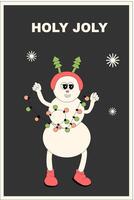 Vertical xmas banner with groovy character. Christmas groovy character with y2k elements poster vector