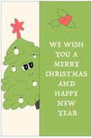Vertical xmas banner with groovy character. Christmas groovy character with y2k elements poster vector