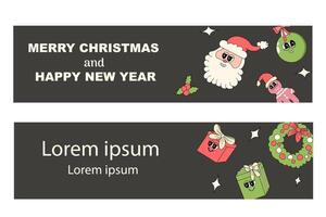 y2k new year banner with groovy characters santa. Christmas groovy vector