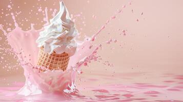 Ice cream cone with berries and fruits and whipped cream splash, empty pastel background photo