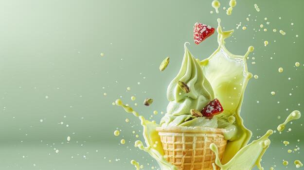 Ice cream cone with kiwi and whipped cream splash, empty pastel background photo