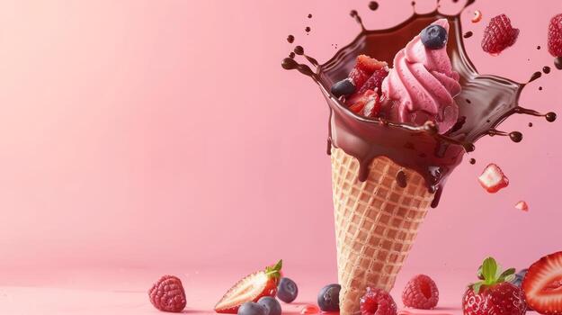 Ice cream cone with berries and fruits and whipped cream splash, empty pastel background photo