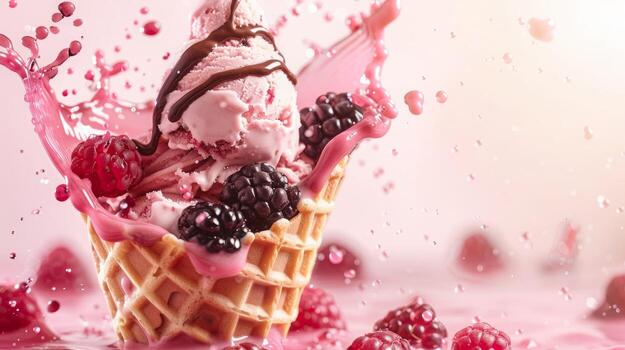 Ice cream cone with berries and fruits and whipped cream splash, empty pastel background photo