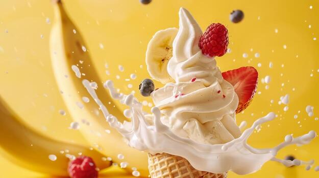 Ice cream cone with bananas and whipped cream splash, empty pastel background photo