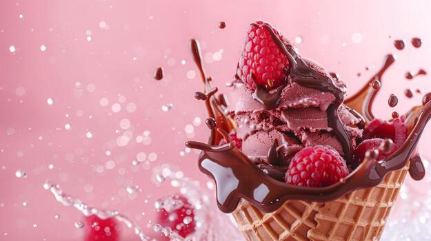 Ice cream cone with berries and fruits and whipped cream splash, empty pastel background photo