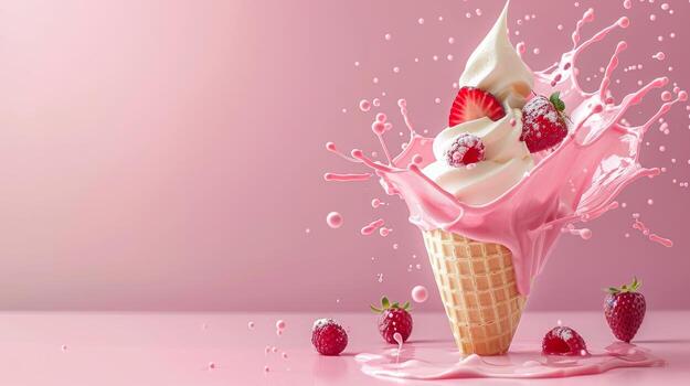 Ice cream cone with berries and fruits and whipped cream splash, empty pastel background photo