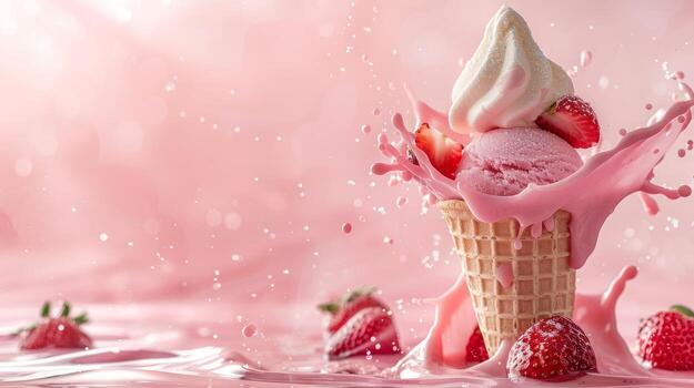 Ice cream cone with berries and fruits and whipped cream splash, empty pastel background photo