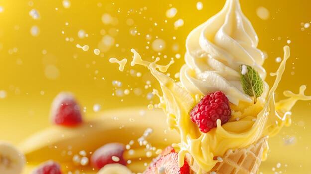 Ice cream cone with bananas and whipped cream splash, empty pastel background photo