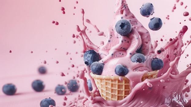 Ice cream cone with berries and fruits and whipped cream splash, empty pastel background photo