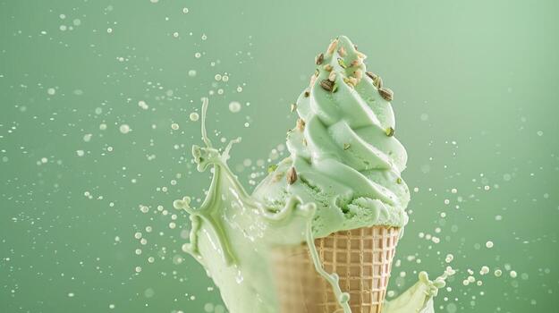 Ice cream cone with pistachio and whipped cream splash, empty pastel background photo