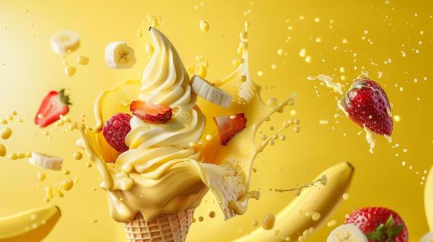 Ice cream cone with bananas and whipped cream splash, empty pastel background photo