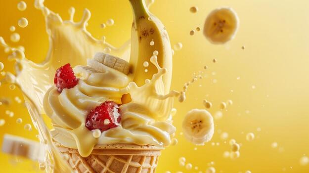 Ice cream cone with bananas and whipped cream splash, empty pastel background photo