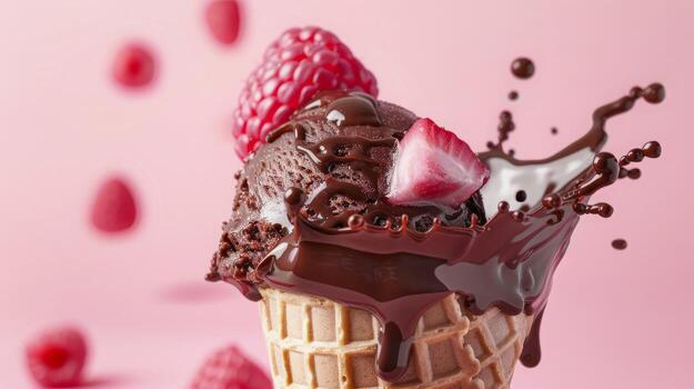 Ice cream cone with berries and fruits and whipped cream splash, empty pastel background photo