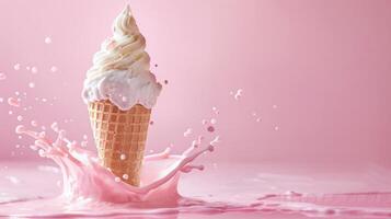 Ice cream cone with berries and fruits and whipped cream splash, empty pastel background photo