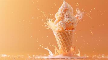 Ice cream cone with berries and fruits and whipped cream splash, empty pastel background photo
