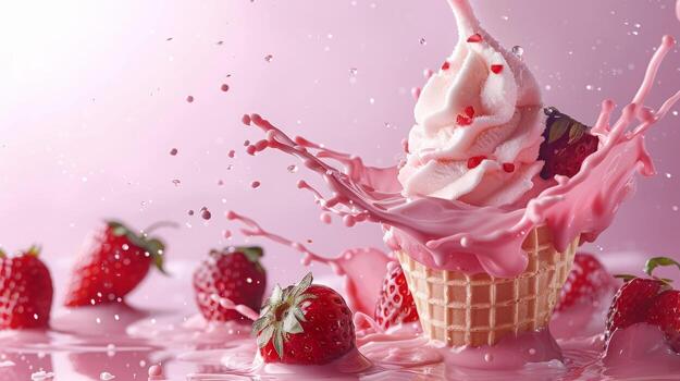 Ice cream cone with berries and fruits and whipped cream splash, empty pastel background photo