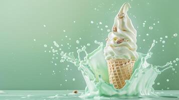 Ice cream cone with pistachio and whipped cream splash, empty pastel background photo