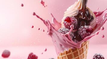 Ice cream cone with berries and fruits and whipped cream splash, empty pastel background photo