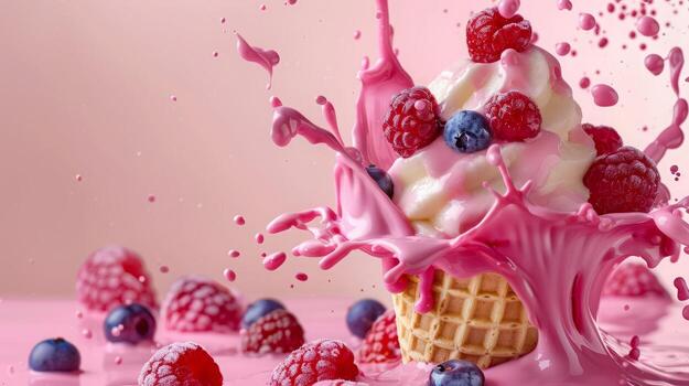Ice cream cone with berries and fruits and whipped cream splash, empty pastel background photo