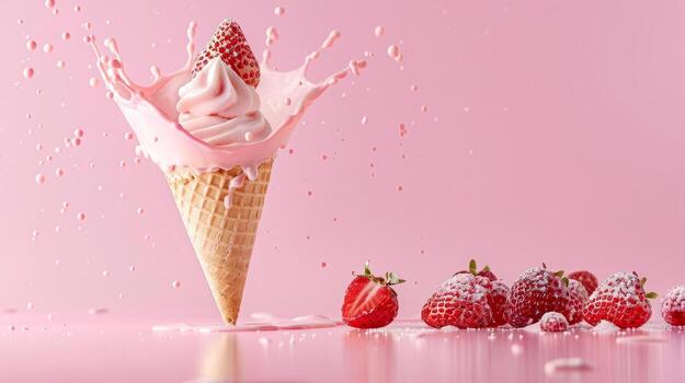 Ice cream cone with berries and fruits and whipped cream splash, empty pastel background photo