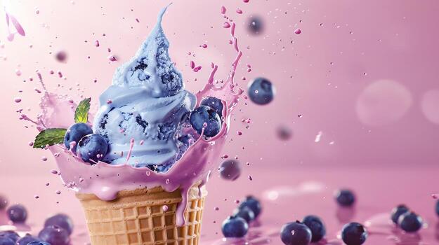 Ice cream cone with berries and fruits and whipped cream splash, empty pastel background photo