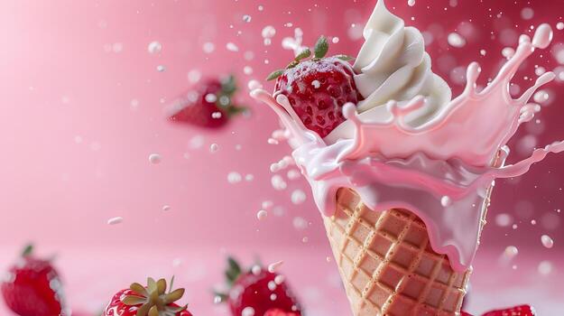 Ice cream cone with berries and fruits and whipped cream splash, empty pastel background photo
